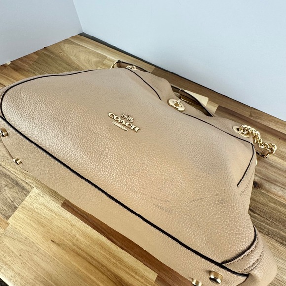 Coach Edie Leather‎ Turnlock Chain Shoulder Bag Satchel Purse Handbag Beige Gold